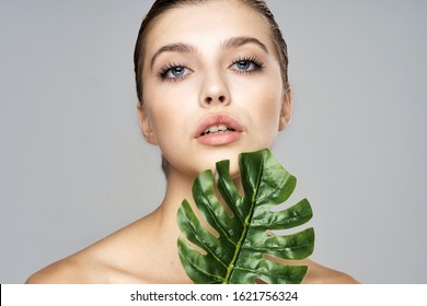 Beautiful Woman Naked Shoulders Palm Leaves Stock Photo 1621756324