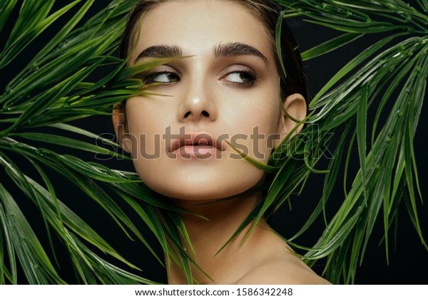 Beautiful Woman Naked Shoulders Palm Leaves Stock Photo Edit Now