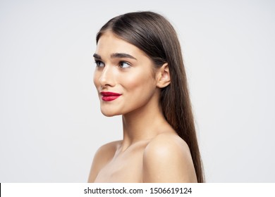 Beautiful Woman Naked Shoulders Red Lips Stock Photo 1506619124