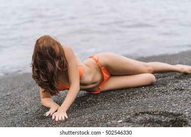 Beautiful Woman Orange Bikini On Beach Stock Photo Shutterstock