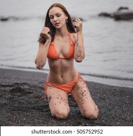 Beautiful Woman Orange Bikini On Beach Stock Photo Shutterstock