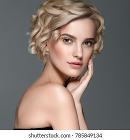 Beautiful Woman Short Blonde Hair Elegant Stock Photo