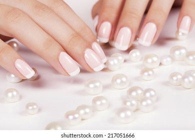 Beautiful Womans Nails French Manicure Pearls Foto De Stock 217051669