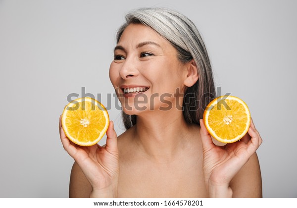 Beauty Portrait Attractive Smiling Mature Topless Stock Photo