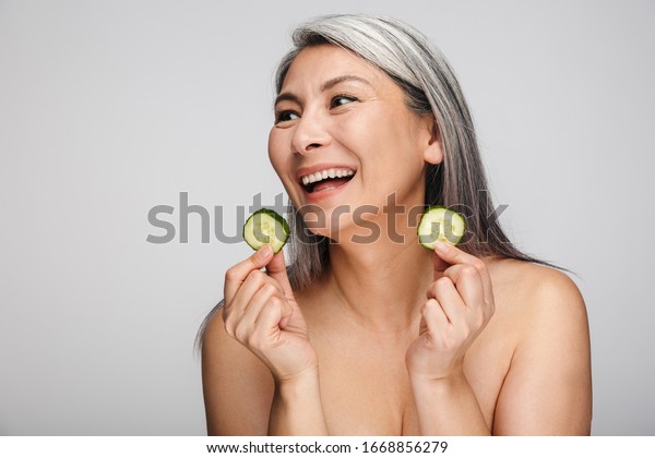 Beauty Portrait Attractive Smiling Mature Topless Stock Photo