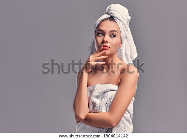 Beauty Portrait Cheerful Attractive Half Naked Stock Photo