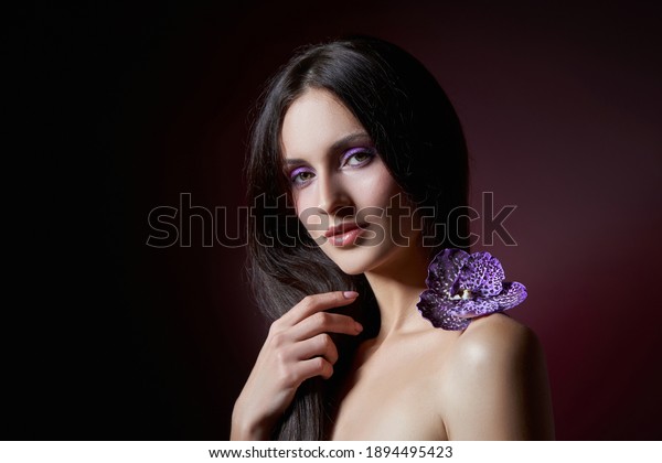 Beauty Portrait Nude Woman Purple Flower Stock Photo 1894495423