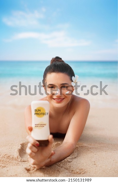 Beauty Woman Bikini Holding Bottles Sunscreen Stock Photo