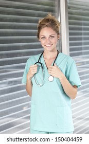 Attractive Female Doctor Blonde Hair Looking Stock Photo