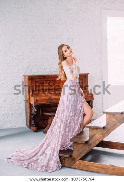 Blonde Girl Posing Unusual Purple Dress Stock Photo 1093750964