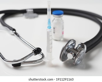 Bottle Vaccine Syringe Medicine Stethoscope Stock Photo