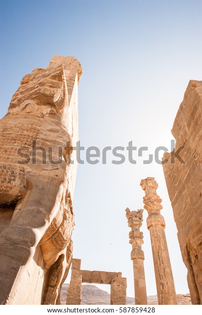 Broken Giant Lamassu Statues Guarding Gate Stock Photo 587859428