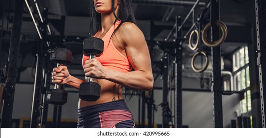 Brunette Fitness Woman Doing Biceps Workouts Stock Photo