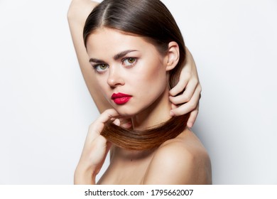 Brunette Naked Shoulders Red Lips Clean Stock Photo