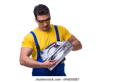 Carpenter Wearing Coveralls Circular Saw Isolated Stock Photo 696850087