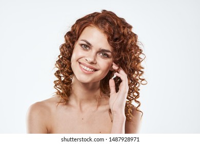 Cheerful Beautiful Woman Naked Shoulders Hairstyle Stock Photo