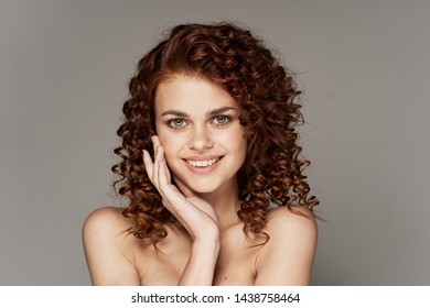 Cheerful Pretty Woman Naked Shoulders Smile Stock Photo