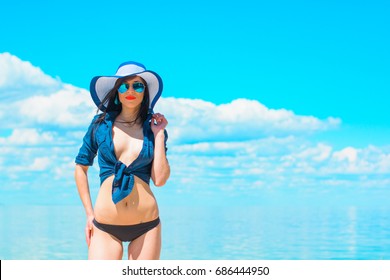 Cheerful Tanned Woman Bikini Beach Enjoying Stock Photo