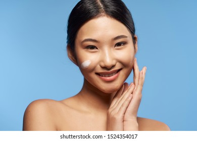 Cheerful Woman Naked Shoulders Korean Appearance Stock Photo 1524354017