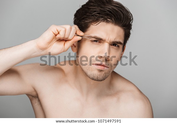 Close Beauty Portrait Half Naked Concentrated Foto Stock