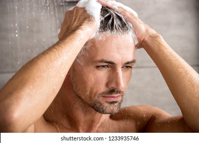 Close Portrait Adult Man Washing Hair Stock Photo Shutterstock