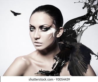 Passion Brunette Woman Black Splash Crows Stock Photo Edit Now