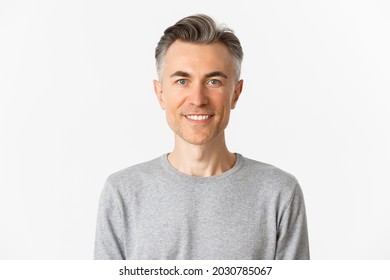 Closeup Handsome Middleaged Man Gray Sweater Stock Photo