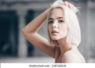 Closeup Portrait Beautiful Blonde Woman Nude Foto Stok 1187220145