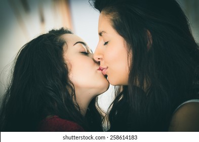 Closeup Portrait Cute Lesbian Couple Love Stock Photo 258614183