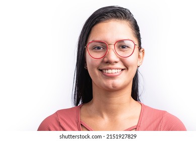 Closeup Portrait Smiling Latina Woman Glasses Stock Photo