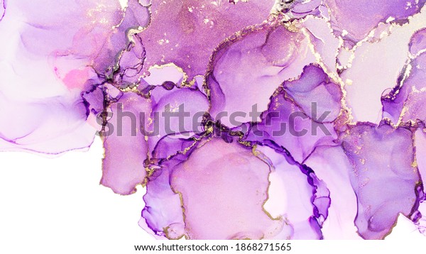 Closeup Purple Shiny Golden Alcohol Ink Stock Photo