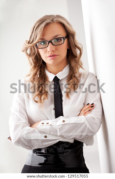 Closeup Seriously Blonde Businesswoman Portrait Wearing Stock Photo