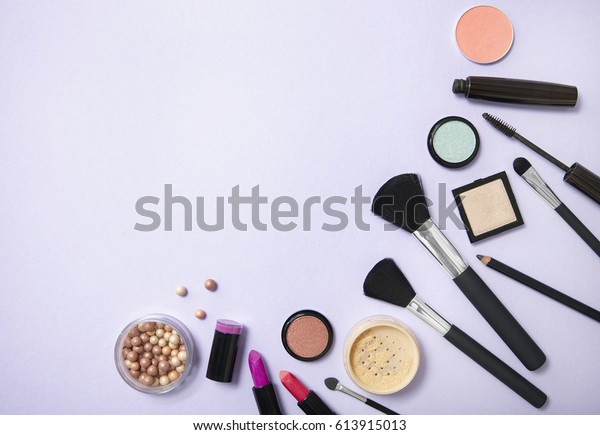 Collection Make Cosmetic Beauty Products Arranged Stock Photo