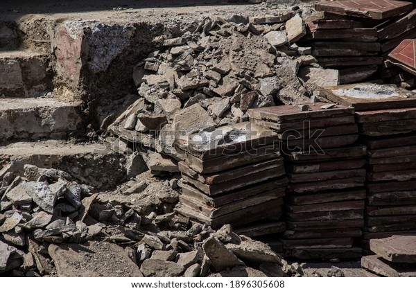 Construction Debris Broken Ceramic Tiles Piled Stock Photo 1896305608