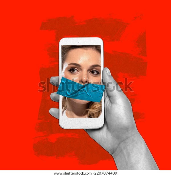 Contemporary Artwork Woman Covered Mouth On Stock Photo 2207074409