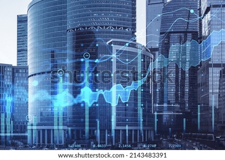 Creative city background with growing business chart. Finance and market concept. Double exposure