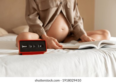 Cropped Pregnant Woman Nude Tummy Sitting Stock Photo