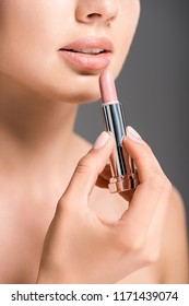 Cropped Shot Woman Applying Nude Lipstick Stock Photo