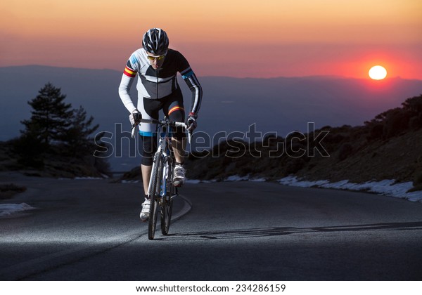 Cyclist Man Riding Mountain Bike Sunset Stock Photo