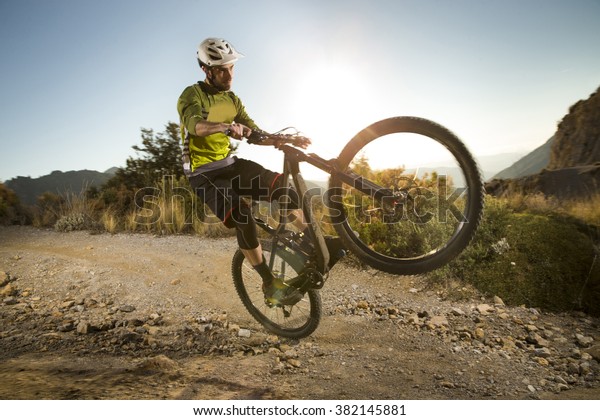 Cyclist Man Riding Mountain Bike Sunset Stock Photo Edit Now 382145881