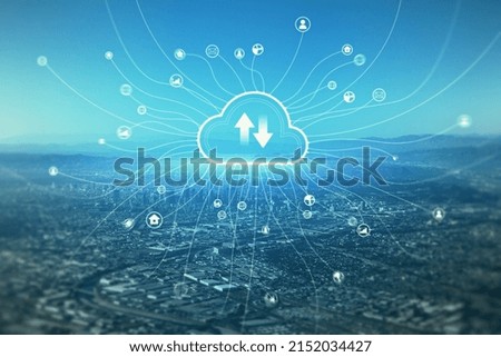 Data storage, smart city and cloud technologies concept with digital social networking internet icons connected with cloud sign with oppositely directed arrows above city landscape