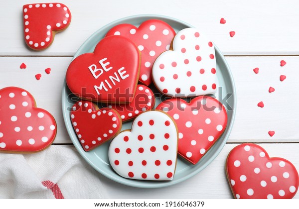 Decorated Heart Shaped Cookies On White Stock Photo