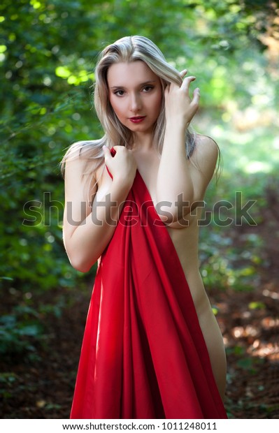 Erotic Photo Beautiful Sexy Blond Nude Girl With Red Fabric In The Forest