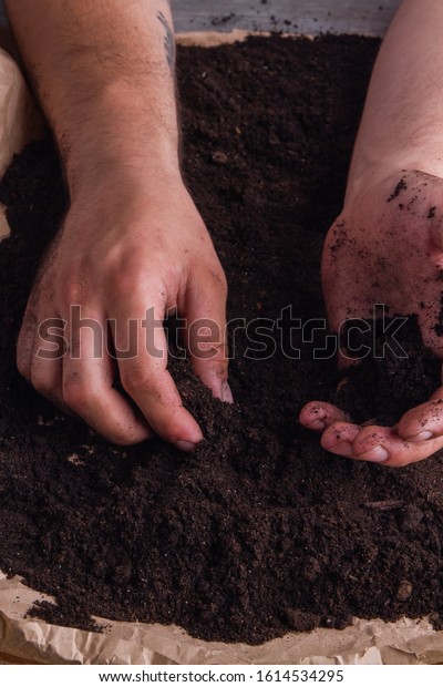 Farmer Working Ground Naked Hands Grabbing Stock Photo
