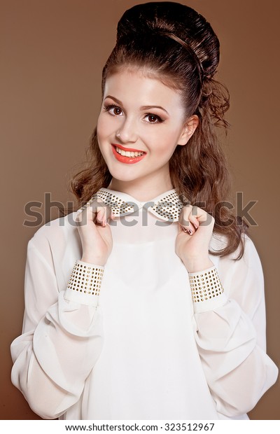 Fashion Brunette Model Portrait Hairstyle Make Stock Photo