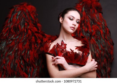 Fashion Model Brunette Covered Feathers Real Stock Photo