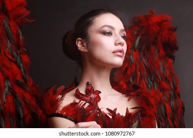 Fashion Model Brunette Covered Feathers Real Stock Photo