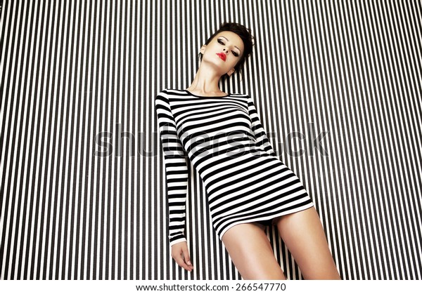 Fashion Woman Striped Dress On Striped Stock Photo Edit Now 266547770