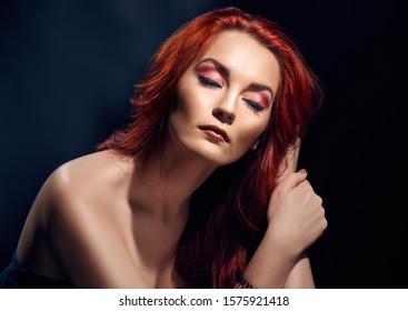 Fashionable Portrait Beautiful Redheaded Model Naked Stock Photo