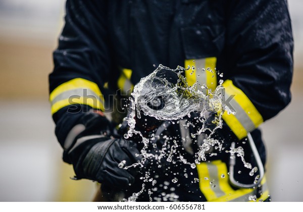 Fireman Drills Water Spill Combustion Zone Stock Photo 606556781